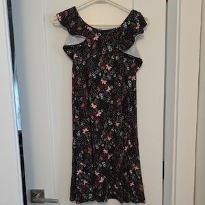 LOFT Black Floral Dress with Red and White Accents